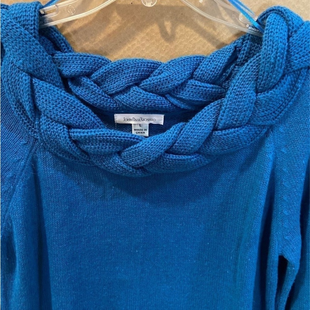 John Paul Richard Braided Neckline Long Sleeve Blue Sweater  Size L - Picture 3 of 6